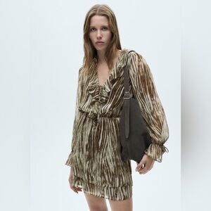 Mango Brown and Cream Long Sleeve Dress NWT